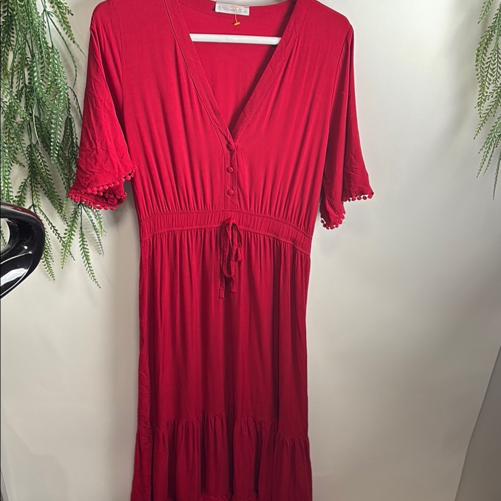 Red V-Neck Flutter Sleeve Sundress